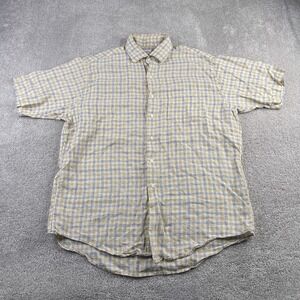 Brooks Brothers Shirt Mens Large Yellow Blue Checkered Linen 346 Button Up‎